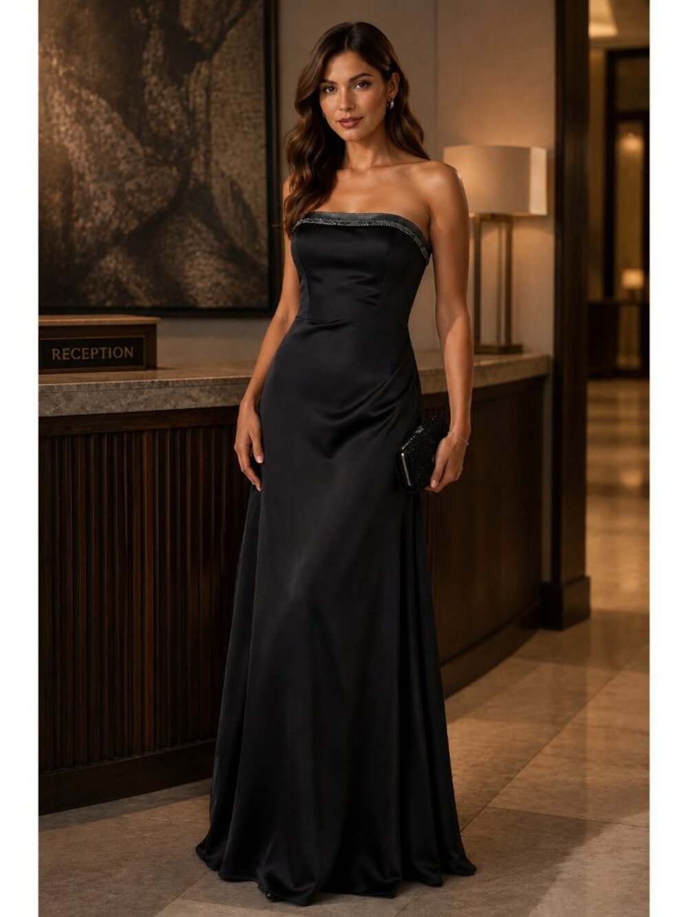 David’s Bridal Size 6 Black Strapless Beaded Formal Evening Maxi Gown F1717